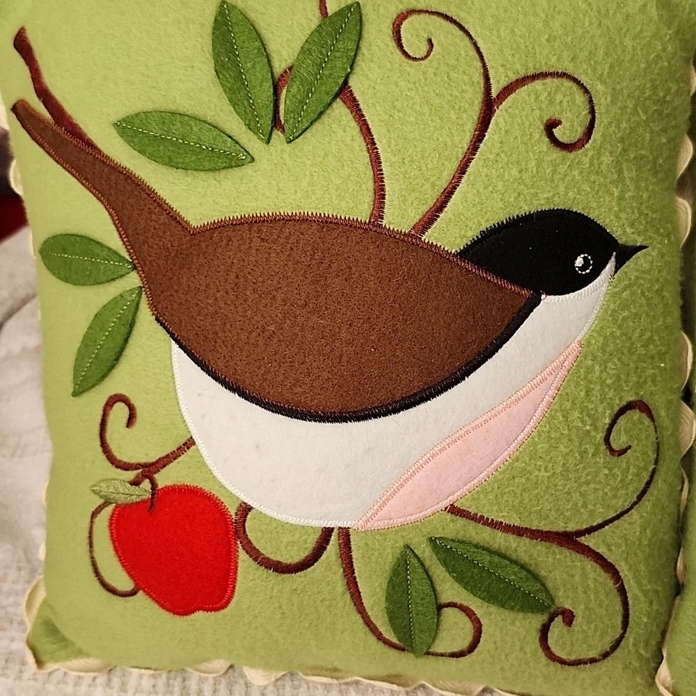 Handmade folk art birds on branch felt embroidered on decorative pillows earthy